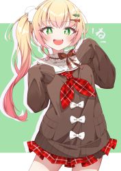 Rule 34 | 1girl, :d, absurdres, blonde hair, blush, bow, brown bow, brown sweater, commentary request, cowboy shot, fang, gradient hair, green eyes, hair bow, hair ornament, hairclip, hands up, highres, hololive, long hair, long sleeves, looking at viewer, miniskirt, momosuzu nene, momosuzu nene (casual), multicolored hair, neckerchief, open mouth, plaid, plaid neckerchief, plaid neckwear, plaid skirt, pom pom (clothes), pom pom hair ornament, quarterlift, red hair, red neckerchief, red skirt, sailor collar, side ponytail, simple background, skirt, sleeves past fingers, sleeves past wrists, smile, solo, standing, sweater, teeth, translation request, upper teeth only, virtual youtuber, white bow, white sailor collar