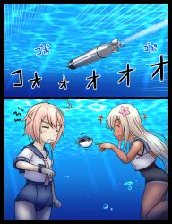 Rule 34 | +++, 10s, 2girls, :d, ^ ^, closed eyes, comic, closed eyes, fish, flower, hair flower, hair ornament, highres, i-58 (kancolle), kantai collection, long hair, multiple girls, ocean, open mouth, pink eyes, pink hair, puffer fish, ro-500 (kancolle), school swimsuit, school uniform, serafuku, short hair, grey eyes, silver hair, smile, submerged, swimsuit, swimsuit under clothes, tan, tanline, torpedo, translation request, tsukemon