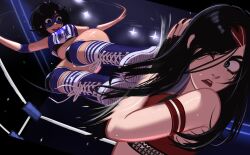 Rule 34 | 2girls, absurdres, black hair, boots, cross-laced footwear, fighting, flying kick, gloves, highres, kadence (veyonis), kicking, knee pads, lace-up boots, latvian flag, long hair, multiple girls, short hair, tank top, veyonis, wrestling, wrestling outfit, wrestling ring, yuna (veyonis)