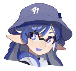 Rule 34 | 1girl, blue eyes, blue hair, blue hat, commentary, commission, eyelashes, hat, highres, inkling, inkling girl, inkling player character, long hair, long pointy ears, nintendo, open mouth, pointy ears, redbeanpie0, simple background, smile, solo, splatoon (series), tentacle hair, upper body, white background