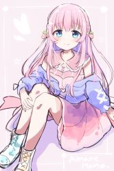 Rule 34 | 1girl, absurdres, blue eyes, blue footwear, boots, braid, closed mouth, collared dress, commentary request, dress, hair ornament, heart, heart hair ornament, highres, jacket, knees up, long hair, long sleeves, off shoulder, okota mikan, original, pink background, pink dress, pink hair, puffy long sleeves, puffy sleeves, purple jacket, sitting, smile, solo, very long hair