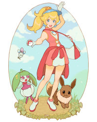Rule 34 | 1girl, :d, alternate costume, arm up, bag, bare arms, blonde hair, blue eyes, blue headwear, clothes around waist, cloud, commentary, creatures (company), crossover, dress, earrings, eevee, english commentary, full body, game freak, gen 1 pokemon, gen 7 pokemon, gloves, highres, holding, holding poke ball, jacket, jacket around waist, jewelry, jivke, long hair, looking at viewer, mario (series), morelull, nintendo, open mouth, pink dress, poke ball, poke ball (basic), pokemon, pokemon (creature), ponytail, princess peach, shoes, shoulder bag, signature, sleeveless, sleeveless dress, smile, standing, steenee, visor cap, white footwear, white gloves