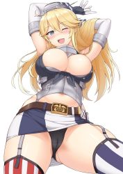 Rule 34 | 10s, 1girl, ;d, american flag, american flag legwear, anchor, arms up, asymmetrical legwear, belt, black panties, blonde hair, blue eyes, blush, breasts, cameltoe, elbow gloves, flag print, from below, garter straps, gloves, hair between eyes, headgear, iowa (kancolle), kantai collection, large breasts, long hair, looking at viewer, miniskirt, mismatched legwear, one eye closed, open mouth, panties, sama samasa, simple background, skirt, smile, solo, star-shaped pupils, star (symbol), striped clothes, striped skirt, striped thighhighs, symbol-shaped pupils, teeth, thick thighs, thigh gap, thighhighs, thighs, underwear, upskirt, vertical-striped clothes, vertical-striped skirt, vertical-striped thighhighs