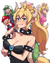 Rule 34 | 2boys, 2girls, :p, absurdres, arm under breasts, armlet, bare shoulders, black nails, blonde hair, blue eyes, blush, bowsette, bracelet, breasts, brooch, brown hair, can&#039;t be this cute, cleavage, closed mouth, collar, collarbone, cow, crown, curled horns, dress, drooling, ear blush, earrings, facial hair, finger to mouth, fingernails, furrowed brow, gloves, hair between eyes, hand up, hat, heart, heart-shaped pupils, height difference, high ponytail, highres, horns, jewelry, large breasts, leaning forward, leaning to the side, long hair, long sleeves, looking at another, looking at viewer, luigi, mario, mario (series), moumoonke, multiple boys, multiple girls, mustache, new super mario bros. u deluxe, nintendo, nose blush, open mouth, overalls, pointy ears, princess peach, sharp fingernails, short hair, simple background, smile, spiked armlet, spiked bracelet, spiked collar, spiked shell, spiked tail, spikes, strapless, strapless dress, super crown, sweater, symbol-shaped pupils, tail, tongue, tongue out, turtle shell, white background, yuri
