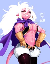 Rule 34 | 1girl, abs, alternate form, android 21, bad id, bad tumblr id, belt buckle, black pantyhose, black sclera, breasts, buckle, cape, cleavage, colored sclera, colored skin, conto, cosplay, dragon ball, dragon ball fighterz, earrings, gloves, grin, hair between eyes, hands on own hips, hoop earrings, impossible clothes, jewelry, large breasts, long tail, majin android 21, majin buu, majin buu (cosplay), muscular, muscular female, no bra, pantyhose, pink skin, pointy ears, puffy shorts, red eyes, shorts, smile, solo, tail, white hair, yellow gloves