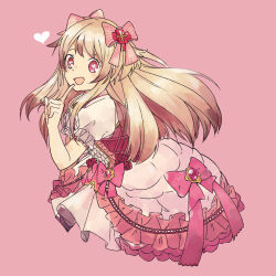 Rule 34 | 1girl, artist request, blonde hair, chaos marie (grimms notes), dress, frills, gradient hair, grimms notes, hair ribbon, heart, heart-shaped pupils, highres, jewelry, long hair, multicolored hair, open mouth, pendant, pink background, pink eyes, puffy short sleeves, puffy sleeves, ribbon, short sleeves, simple background, smile, symbol-shaped pupils, upper body