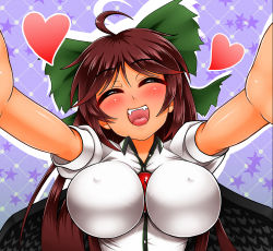 Rule 34 | 1girl, bird wings, black wings, blush, bow, breasts, brown hair, covered erect nipples, closed eyes, fangs, hair bow, heart, highres, impossible clothes, impossible shirt, incoming hug, large breasts, long hair, open mouth, reiuji utsuho, shirt, smile, solo, third eye, touhou, very long hair, wings, yazuki gennojou