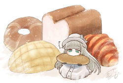 Rule 34 | .live, 1girl, animal ears, baguette, black gloves, blunt bangs, bow, bread, chamaji, commentary request, croissant, doughnut, dress, eating, food, food in mouth, frilled dress, frills, gloves, hat, hat bow, highres, holding, holding food, long hair, melon bread, merry milk, mini person, minigirl, seiza, sheep ears, signature, sitting, solo, very long hair, virtual youtuber, white bow, white dress, white hat