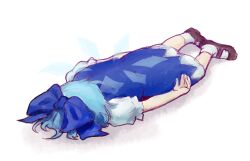 Rule 34 | 1girl, black footwear, blue bow, blue dress, blue hair, bow, cirno, commentary, dress, english commentary, face down, full body, hair bow, highres, lying, no wings, on stomach, puffy short sleeves, puffy sleeves, shoes, short hair, short sleeves, simple background, skullchimes, socks, solo, touhou, white background, white socks
