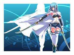 Rule 34 | 10s, 1girl, alternate hair length, alternate hairstyle, belt, blue eyes, blue hair, boots, cape, detached sleeves, dual wielding, gloves, highres, holding, long hair, magical girl, mahou shoujo madoka magica, mahou shoujo madoka magica (anime), matching hair/eyes, miki sayaka, miki sayaka (magical girl), musical note, shirt, skirt, solo, staff (music), sword, thighhighs, tsukumo (soar99), walking, weapon, white gloves, white thighhighs, wind, zettai ryouiki
