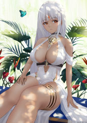 Rule 34 | 1girl, absurdres, azur lane, bare shoulders, blue butterfly, body markings, breasts, bug, butterfly, center opening, cocktail dress, dark-skinned female, dark skin, dress, evening gown, facial mark, forehead mark, gold choker, halter dress, halterneck, highres, insect, large breasts, long dress, long hair, looking to the side, massachusetts (azur lane), massachusetts (dressed to impress) (azur lane), nail polish, native american, no bra, orange eyes, plant, sitting, sleeveless, sleeveless dress, solo, thighlet, white hair, white nails, you (yoyou)