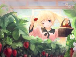 Rule 34 | 1girl, alternate costume, basket, black ribbon, black sailor collar, blonde hair, casual, closed mouth, collar, commentary request, day, eyelashes, floating hair, flower, food, frilled collar, frills, fruit, garden, greenhouse, hair between eyes, head tilt, holding, holding basket, indoors, long hair, long sleeves, looking at viewer, nakatsu shizuru, one eye closed, pink shirt, rewrite, ribbon, sailor collar, school uniform, serafuku, shirt, smile, solo, strawberry, tagame (tagamecat), twintails, very long hair, white flower, wide sleeves
