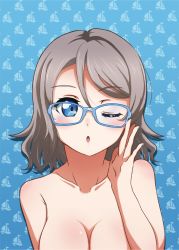 Rule 34 | 10s, 1girl, adjusting eyewear, bare shoulders, blue background, blue eyes, breasts, collarbone, completely nude, finger on eyewear, glasses, grey hair, love live!, love live! sunshine!!, medium breasts, nude, one eye closed, open mouth, out-of-frame censoring, satolive20, short hair, solo, upper body, watanabe you