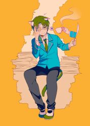 Rule 34 | 1boy, 1other, 4 (nakajima4423), animal ear fluff, animal ears, black pants, blazer, blue jacket, blush, buttons, cat boy, cat ears, cat tail, closed mouth, collared shirt, commentary request, cup, ensemble stars!, extra ears, full body, glasses, green eyes, green hair, green necktie, green tail, hands up, hasumi keito, holding, holding cup, holding paper, holding pencil, jacket, lapels, long sleeves, male focus, necktie, pants, paper, paper stack, parted bangs, pencil, school uniform, shirt, shoes, short hair, sidelocks, simple background, sitting, solo focus, speech bubble, spoken squiggle, squiggle, steam, sweatdrop, tail, teacup, uwabaki, white-framed eyewear, white footwear, white shirt, wing collar, yellow background