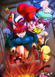 Rule 34 | 2girls, breasts, brown hair, capcom, cart, cat, cat tail, chen, crossover, fang, felyne, highres, huge breasts, kaenbyou rin, large breasts, monster hunter (series), multiple girls, nail polish, paw pose, red eyes, red hair, red nails, tail, touhou, yazuki gennojou