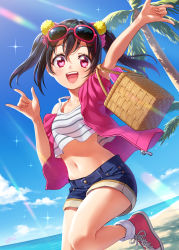 Rule 34 | 1girl, :d, \m/, arm up, basket, beach, black hair, blue shorts, blush, commentary request, day, double \m/, eyewear on head, glint, hair ornament, hair scrunchie, highres, horizon, jacket, leg up, light rays, looking at viewer, love live!, love live! school idol project, midriff, navel, seafloor, off shoulder, open clothes, open jacket, open mouth, outdoors, palm tree, pink footwear, pink jacket, purple eyes, red-framed eyewear, scrunchie, short shorts, short sleeves, shorts, sidelocks, single bare shoulder, smile, solo, standing, standing on one leg, stomach, striped, sunbeam, sunglasses, sunlight, tareme, teeth, tree, twintails, upper teeth only, wedo, yazawa nico, zipper pull tab