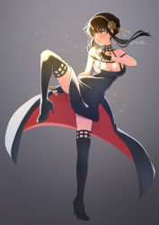 Rule 34 | 1girl, artist request, black dress, black hair, black thighhighs, breasts, cleavage, dress, gradient background, grey background, leg up, long hair, open mouth, red eyes, simple background, solo, spy x family, standing, standing on one leg, thighhighs, yor briar