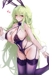 1girl animal_ears azur_lane between_breasts blush bow bowtie breasts card card_between_breasts chela77 closed_mouth detached_collar fake_animal_ears garter_straps green_hair heart highres large_breasts long_hair looking_at_viewer napoli_(azur_lane) napoli_(dreamy_night)_(azur_lane) navel official_alternate_costume purple_bow purple_bowtie purple_thighhighs rabbit_ears red_eyes simple_background smile solo thighhighs very_long_hair white_background