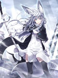 Rule 34 | 1girl, animal ears, antenna hair, arm at side, axe, battle axe, black capelet, black thighhighs, blue eyes, boots, breasts, buttons, capelet, commentary request, cowboy shot, dress, eyelashes, floating hair, highres, holding, holding axe, holding weapon, kentairui, legs apart, light rays, long hair, long sleeves, looking at viewer, mitsuha (kentairui), original, outdoors, parted lips, polearm, ruins, silver hair, sleeves past wrists, small breasts, snow, solo, spear, standing, tail, thighhighs, turtleneck, weapon, white dress, wind, zettai ryouiki