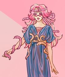 Rule 34 | 1girl, blonde hair, blue dress, commentary request, dress, fangs, glasses, highres, long hair, monster high, motryaelf, multicolored hair, pink background, pink hair, pink theme, scales, simple background, slit pupils, snake, snake hair, solo, two-tone background, two-tone hair, ukrainian commentary, viperine gorgon