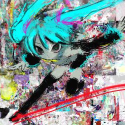 1girl @_@ absurdres aqua_hair bare_shoulders closed_mouth detached_sleeves grey_shirt hair_between_eyes hair_ornament hatsune_miku highres hilty leaning_forward leg_up long_hair looking_at_viewer multicolored_background scribble shirt skirt sleeveless solo thighhighs twintails very_long_hair vocaloid