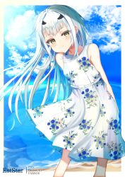 Rule 34 | 1girl, arms behind back, aties20, bare shoulders, blue sky, closed mouth, cloud, cloudy sky, commentary request, day, dress, melusine (fate), fate/grand order, fate (series), floral print, hair ornament, hairclip, leaning forward, long hair, looking at viewer, print dress, sky, sleeveless, sleeveless dress, smile, solo, very long hair, water, white dress, white hair, yellow eyes