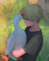 Rule 34 | 1boy, absurdres, animal, bird, black shirt, blurry, blurry background, blush, closed eyes, duck, from side, grass, green hair, hair between eyes, highres, holding, holding animal, holding bird, male focus, octocorn, original, outdoors, parted lips, profile, shirt, short sleeves, signature