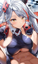 Rule 34 | 1boy, 1girl, azur lane, banned artist, belko, black gloves, breasts, bulge, closed mouth, dated, flying sweatdrops, gloves, hair ornament, highres, looking at another, motion lines, official alternate costume, paizuri, paizuri under clothes, prinz eugen (azur lane), prinz eugen (final lap) (azur lane), race queen, skindentation, twintails, white hair, yellow eyes