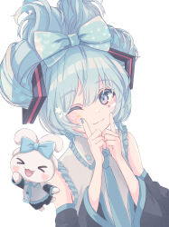 Rule 34 | 1girl, ;3, absurdres, black sleeves, blue eyes, blue hair, blue nails, blue necktie, cinnamiku, cinnamoroll, closed mouth, commentary, cosplay, detached sleeves, folded twintails, frilled shirt collar, frills, grey shirt, hair ornament, hatsune miku, hatsune miku (cosplay), highres, index finger raised, long hair, long sleeves, looking at viewer, necktie, one eye closed, sanrio, shirt, simple background, solo, star (symbol), twintails, updo, upper body, very long hair, vocaloid, white background, yuzuaji