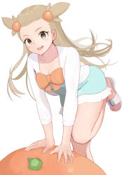Rule 34 | 1girl, :d, arm support, blush, bow, breasts, brown eyes, brown hair, cardigan, cleavage, collarbone, commentary request, creatures (company), dress, eyelashes, food, fruit, game freak, green dress, highres, hiyoshipow, jasmine (pokemon), knees, leaning forward, leg up, long hair, mandarin orange, medium breasts, name connection, nintendo, open mouth, orange bow, oversized food, oversized object, pokemon, pokemon hgss, sandals, sleeves past elbows, smile, solo, standing, standing on one leg, teeth, toes, two side up, upper teeth only, white cardigan