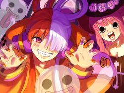 Rule 34 | 2022, 2girls, alternate costume, artist request, bat wings, black dress, blush, breasts, claw pose, cleavage, devil fruit, dress, drill hair, fangs, floating, ghost, hair ornament, halloween, halloween costume, happy halloween, hat, highres, horo horo no mi, jacket, long hair, looking at viewer, multicolored hair, multiple girls, night, night sky, official alternate costume, one piece, one piece film: red, perona, pink hair, simple background, skirt, sky, smile, two-tone hair, umbrella, uta (one piece), very long hair, wide hips, wings