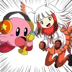 Rule 34 | 10s, copy ability, duet, emphasis lines, head wings, japanese crested ibis (kemono friends), kemono friends, kirby, kirby (series), microphone, mike kirby, miniskirt, music, nintendo, pantyhose, simple background, singing, skirt, trait connection, white background, wings