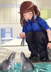 Rule 34 | 1girl, absurdres, alternate costume, animal, aquarium, black footwear, black pants, blue jacket, blunt bangs, blush, boots, brown hair, bucket, cevio, closed eyes, commentary, dolphin, english text, facing animal, feeding, fish, full body, highres, holding, holding animal, holding fish, jacket, long hair, mole, mole under eye, natsuki karin, pants, real world location, rubber boots, shiyomifu, short sleeves, sidelocks, smile, solo, squatting, synthesizer v, twintails, watch, water, wristwatch, zipper