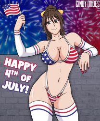 Rule 34 | 1girl, against wall, american flag, american flag bikini, american flag print, artist name, bikini, breasts, brown hair, character request, cleavage, fireworks, flag print, hair ribbon, highres, large breasts, legs, navel, ponytail, print bikini, ribbon, smile, solo, swimsuit, thighs, thong bikini
