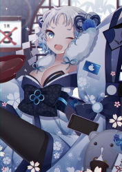 Rule 34 | 1girl, ;d, absurdres, animal, black pantyhose, black ribbon, blue flower, blue kimono, blue rose, blurry, blurry background, blush, bowl, breasts, calendar (object), cellphone, cherry blossom print, cleavage, commentary request, cup, depth of field, double bun, eating, floral print, flower, food, fur collar, gift card, hair bun, hair flower, hair ornament, hair ribbon, highres, japanese clothes, kimono, long sleeves, looking at viewer, medium breasts, mochi, mouse (animal), obi, one eye closed, open mouth, original, pantyhose, parted bangs, phone, print kimono, ribbon, rose, round window, sakazuki, sapphire (sapphire25252), sash, short eyebrows, sleeves past fingers, sleeves past wrists, smile, solo, sparkle, teeth, thick eyebrows, thighband pantyhose, upper teeth only, window