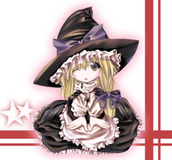 Rule 34 | 1girl, blonde hair, bow, brown eyes, female focus, hair bow, hat, kirisame marisa, one eye closed, simple background, solo, star (symbol), touhou, witch hat