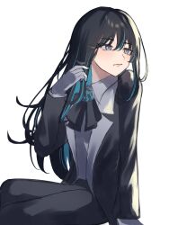 Rule 34 | 1girl, absurdres, ado (utaite), arm support, black bow, black bowtie, black hair, black jacket, black pants, blue eyes, blue flower, blue hair, blue rose, blush, bow, bowtie, chando (ado), cloud nine inc, collared shirt, colored inner hair, commentary, flower, flower brooch, gloves, hair between eyes, highres, invisible chair, jacket, long hair, long sleeves, multicolored hair, open clothes, open jacket, pants, parted lips, rose, shirt, sidelocks, sitting, solo, tsukuno tsuki, two-tone hair, utaite, white gloves, white shirt