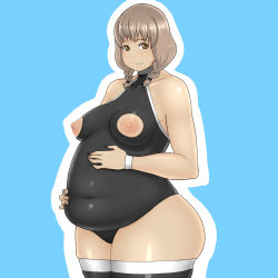 Rule 34 | 1girl, ass, braid, breasts, brown eyes, brown hair, covered erect nipples, fat, happy, hip focus, huge ass, large breasts, mature female, monmonism, nipples, plump, solo, swimsuit, thick thighs, thighhighs, thighs, twin braids, twintails, wide hips, wristband