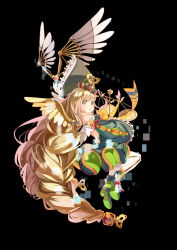 Rule 34 | 1girl, arm up, black background, blonde hair, boots, copyright request, dress, green eyes, hair ornament, long hair, long sleeves, looking back, open mouth, selenoring, solo, very long hair, wings