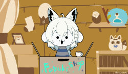 Rule 34 | 0725akaba, 1girl, :3, :d, ahoge, animal ear fluff, animal ears, box, braid, cardboard box, corn, cosplay, crate, cup, curtains, fox ears, highres, hololive, long hair, open mouth, pixelated, potion, shelf, shirakami fubuki, shirt, smile, solid circle eyes, star (symbol), stick, striped clothes, striped shirt, style request, temmie, temmie (cosplay), twitter username, undertale, very long hair, virtual youtuber, white hair