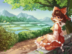 Rule 34 | 1girl, artist name, ascot, back, bow, brown hair, chestnut mouth, cloud, day, detached sleeves, gohei, hair bow, hair tubes, hakurei reimu, looking at viewer, mountain, ribbon, ribbon-trimmed sleeves, ribbon trim, rice paddy, sarashi, scenery, sitting, skirt, skirt set, sky, solo, touhou, trail, tree, wall, yuer (miyuexinling)