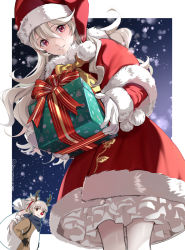 Rule 34 | 1boy, 1girl, alternate costume, animal costume, antlers, black gloves, blue scarf, bow, box, brown eyes, capelet, christmas, closed mouth, commentary request, corrin (female) (fire emblem), corrin (fire emblem), dress, fire emblem, fire emblem fates, frilled dress, frills, fur-trimmed capelet, fur-trimmed dress, fur-trimmed headwear, fur-trimmed sleeves, fur trim, gift, gift box, gloves, grey hair, hair between eyes, hair ornament, hand on own hip, hat, highres, holding, holding gift, holding sack, horns, long hair, long sleeves, looking at viewer, misu kasumi, nintendo, parted lips, pointy ears, ponytail, red capelet, red dress, red eyes, red nose, reindeer antlers, reindeer costume, sack, santa costume, santa hat, scarf, smile, snow, snowing, spiked hair, takumi (fire emblem), teeth, twitter username, white gloves, yellow bow