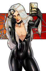 Rule 34 | 1girl, black bodysuit, black cat (marvel), black choker, bodysuit, breasts, cellphone, choker, cleavage, collarbone, cowboy shot, curvy, domino mask, felicia hardy, green eyes, hair between eyes, holding, holding mask, holding phone, jewelry, large breasts, long hair, marvel, mask, partially unzipped, phone, royce southerland, selfie, simple background, skindentation, smartphone, smile, solo, spider-man (series), wide hips