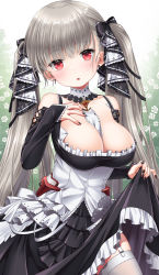 Rule 34 | 1girl, :o, azur lane, bare shoulders, between breasts, black dress, black nails, blush, breasts, cleavage, dress, earrings, formidable (azur lane), frilled dress, frills, garter straps, grey hair, hair ribbon, hand on own chest, head tilt, jewelry, kei kei, large breasts, long hair, long sleeves, looking at viewer, nail polish, red eyes, ribbon, rigging, skirt hold, solo, thighhighs, twintails, two-tone dress, two-tone ribbon, very long hair, white thighhighs