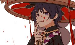 Rule 34 | 1boy, blood, blood on face, face, genshin impact, half-closed eyes, hat, japanese clothes, jingasa, licking lips, looking at viewer, male focus, purple eyes, purple hair, rome romedo, scaramouche (genshin impact), simple background, solo, tongue, tongue out, white background