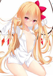 Rule 34 | 1girl, alternate hair length, alternate hairstyle, blonde hair, blush, breasts, closed mouth, crystal, flandre scarlet, hair ribbon, long hair, long sleeves, looking at viewer, navel, open clothes, open shirt, red eyes, red ribbon, ribbon, shirt, simple background, sitting, small breasts, solo, thighs, tosakaoil, touhou, very long hair, white background, white shirt, wings