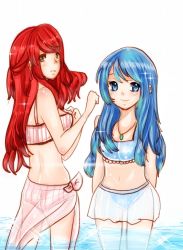 Rule 34 | 2girls, ass, bikini, blue eyes, blue hair, blue skirt, blush, breasts, brown eyes, earrings, erza scarlet, fairy tail, from behind, hand on own chest, jewelry, long hair, looking at viewer, looking back, medium breasts, multiple girls, navel, necklace, parted lips, pink bikini, pink sarong, red hair, sarong, sarylya, see-through, see-through skirt, skirt, smile, sparkle, standing, striped bikini, striped clothes, swimsuit, teeth, wading, water, wendy marvell, white background