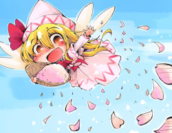 Rule 34 | 1girl, blonde hair, blue sky, blush, bow, brown eyes, capelet, check commentary, commentary, dress, fairy wings, flying, hat, hat bow, lily white, long hair, long sleeves, open mouth, petals, pink dress, shinapuu, sky, smile, solo, touhou, wings