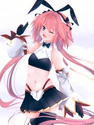 Rule 34 | 1boy, absurdres, astolfo (fate), astolfo (saber) (fate), black bow, black bowtie, black gloves, black legwear, black ribbon, bow, bowtie, braid, fang, fate/grand order, fate (series), gloves, hair intakes, highres, long hair, looking at viewer, low twintails, male focus, multicolored hair, one eye closed, pantsu shot, pink hair, purple eyes, ribbon, skin fang, smile, solo, streaked hair, trap, twintails, white hair