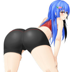 Rule 34 | 1girl, alternate costume, ass, bare shoulders, bent over, blue hair, cameltoe, crop top, food, from behind, fruit, hands on own knees, hat, hinanawi tenshi, leaning forward, long hair, looking at viewer, looking back, midriff, momo retasu, pants, peach, red eyes, red shirt, shirt, solo, thighs, tight clothes, tight pants, touhou